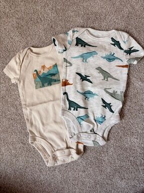 Carter's Neutral & Teal Dinosaur One-Piece Bodysuit Set
